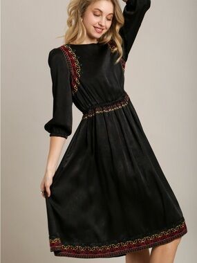 Umgee Black Midi Dress with Multicolor Embroidered Trim